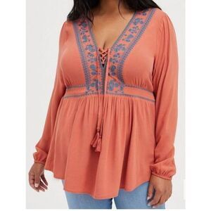 TORRID CRINKLE GAUZE BOHO BABYDOLL SIZE 1/1X RUSTIC EMBROIDERED‎